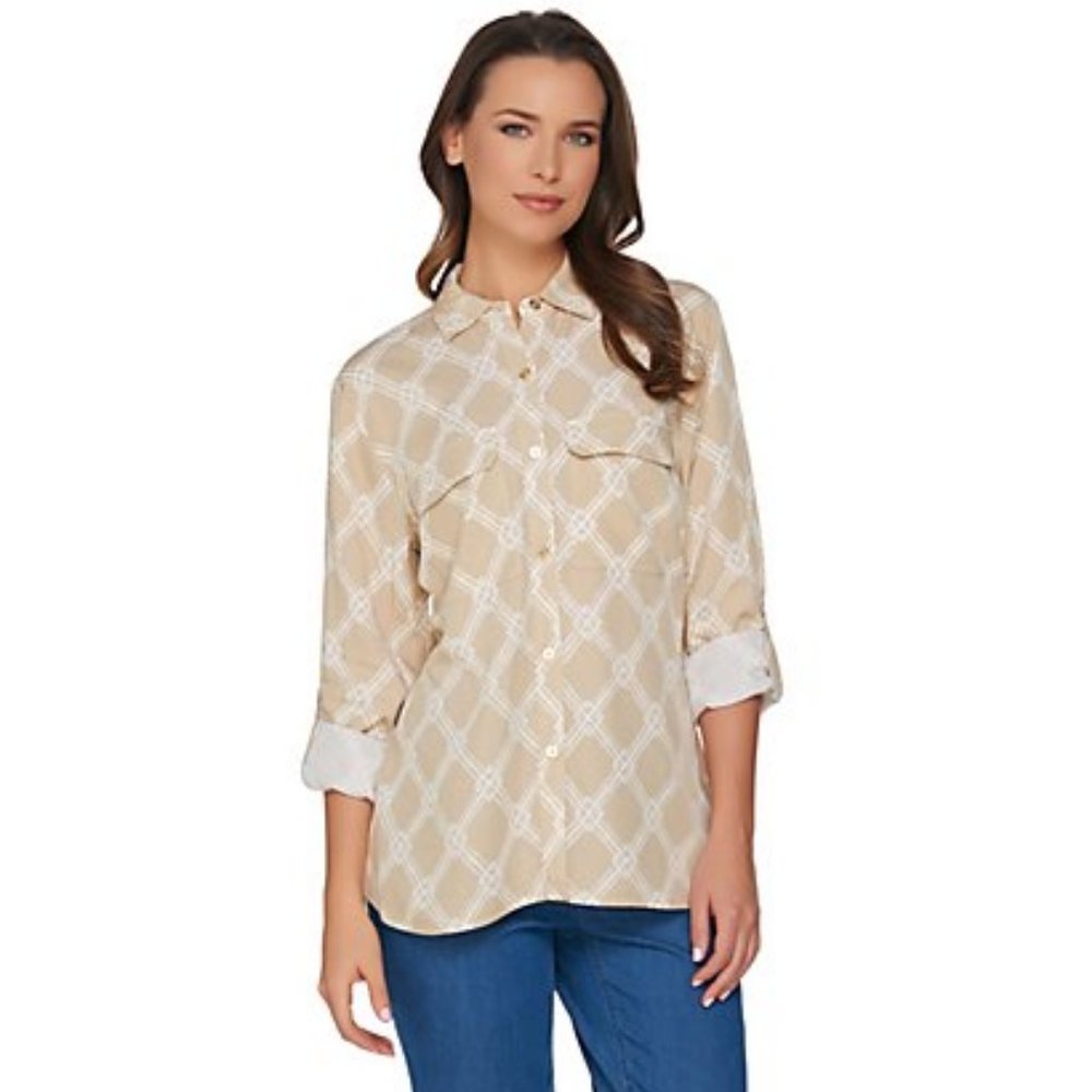 C. Wonder Rayon Bamboo Print Beige Button Front Carrie Blouse Women's Size 22W